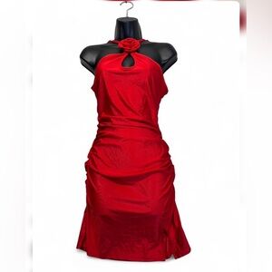 SHEIN Red One-Shoulder Rose-Accent Midi Dress